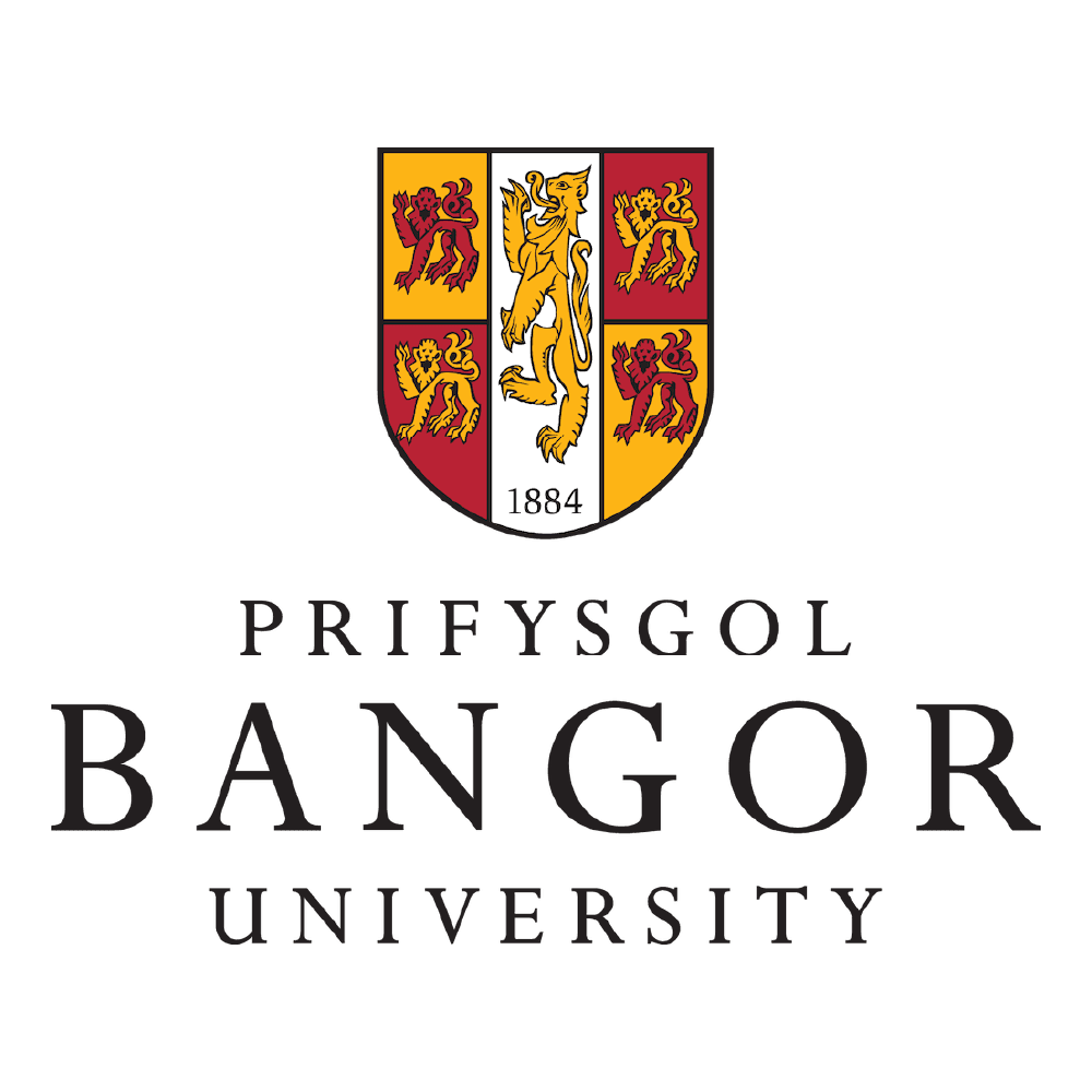 Bangor University logo featuring a heraldic shield with lions and the year 1884, accompanied by the text Prifysgol Bangor University.
