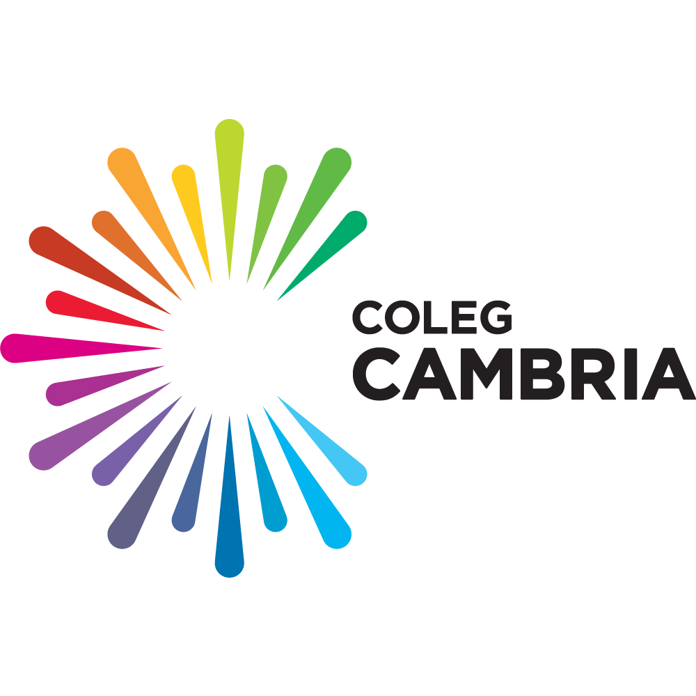 Coleg Cambria logo with multicolored radial lines forming a semi-circle on the left and the college name in bold black text on the right.