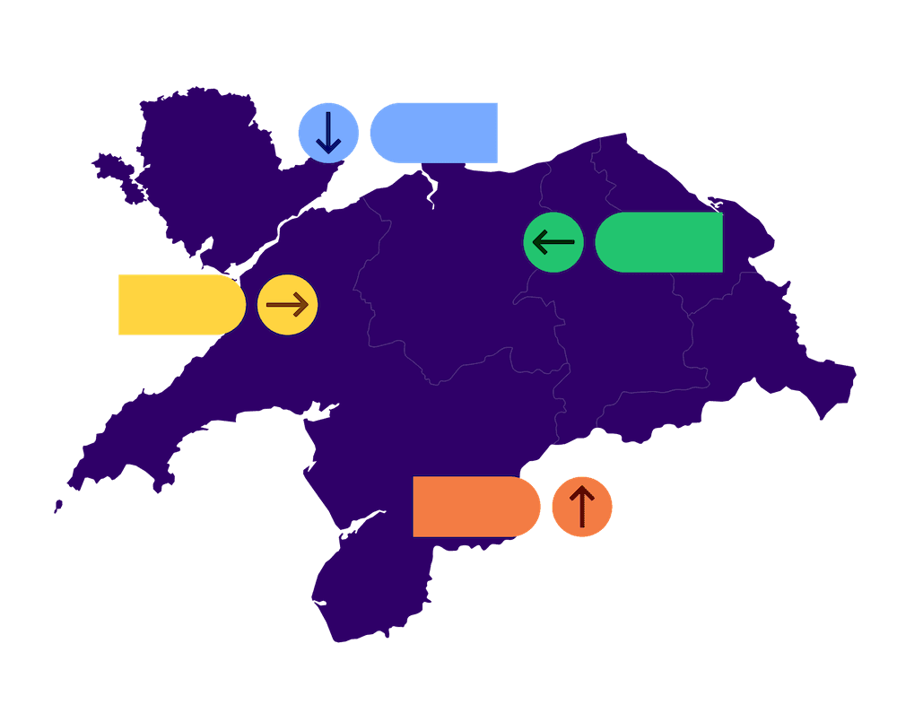 A dark purple map with colored arrow icons and shapes indicating different directions at various locations across the map.
