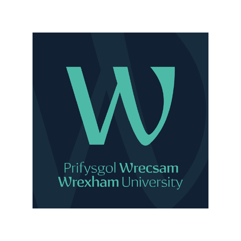 Logo of Wrexham University featuring a large green W above the bilingual text Prifysgol Wrecsam Wrexham University on a dark blue background.